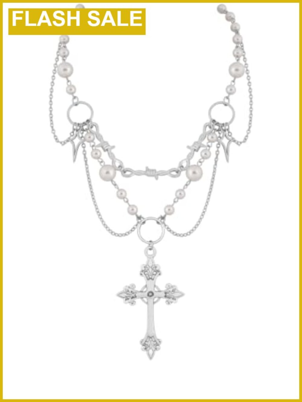 Beaded Cross Choker Necklace Stainless Steel Imitation Pearl Gothic